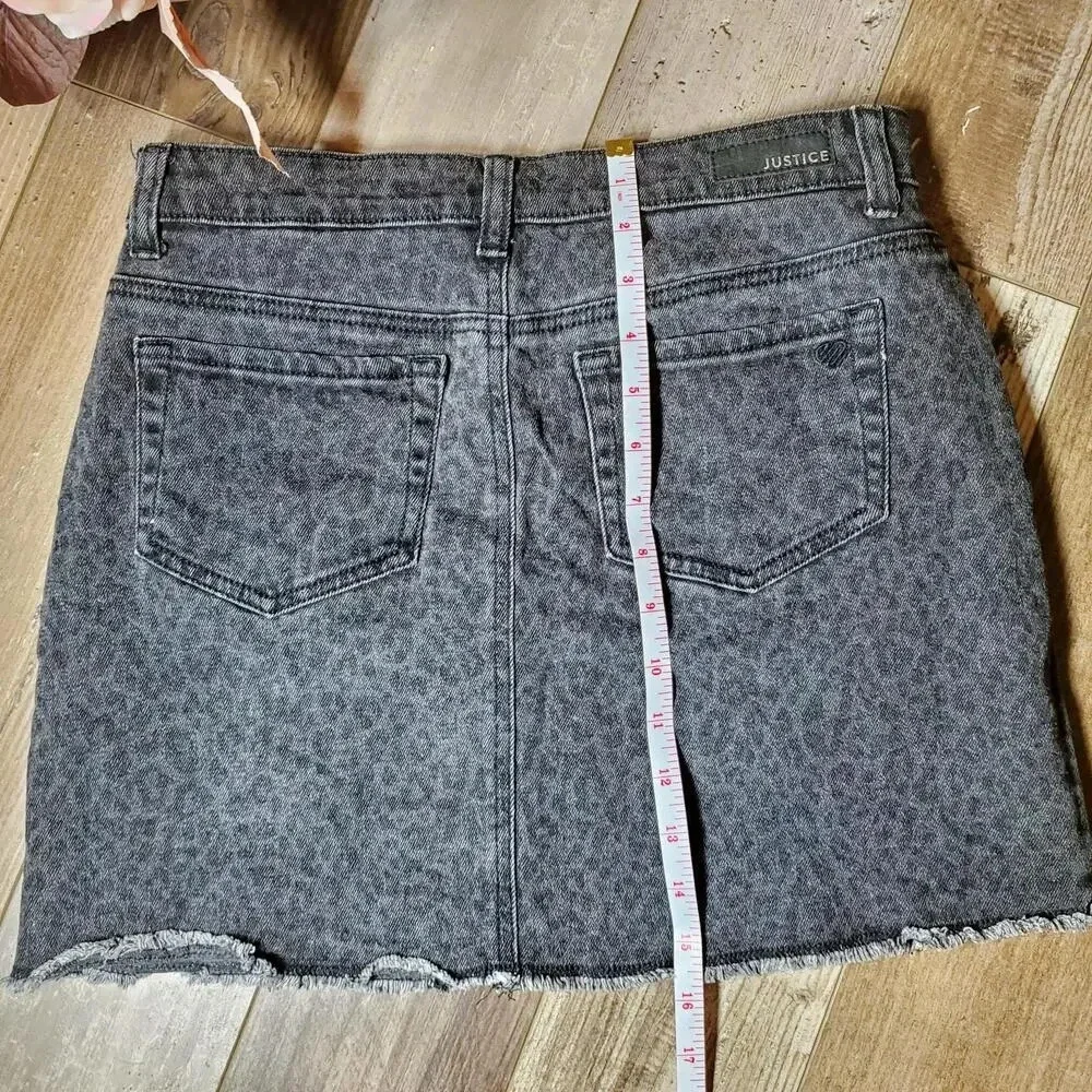 JUSTICE Size 16 Black Raw Hem Denim Skort Leopard Print NWOT